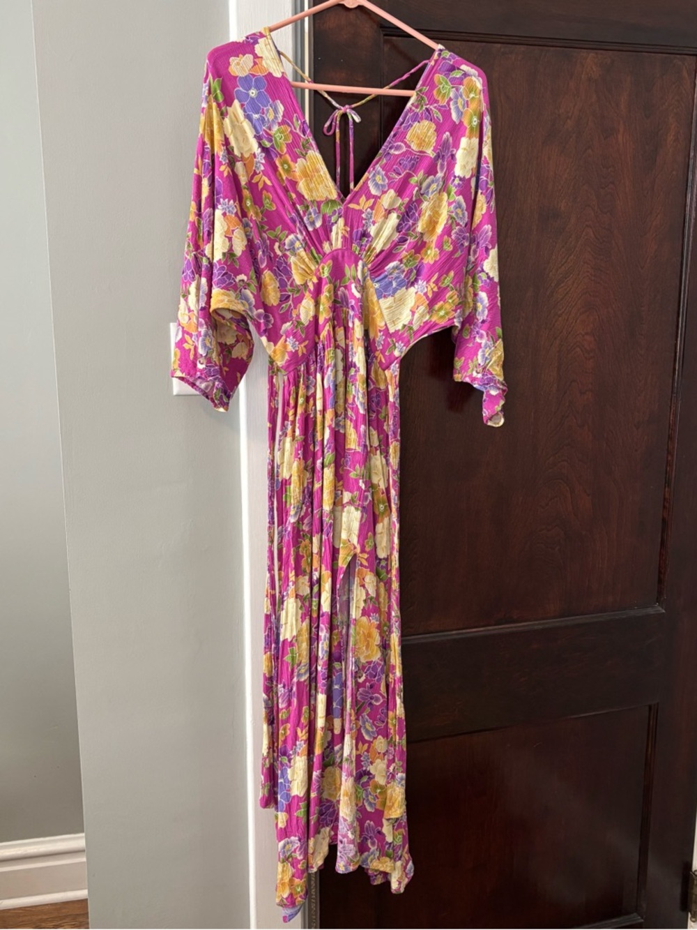 Aakaa Floral Pink Midi Dress Size Large Tie Back Boho Beach Resort Summer Party